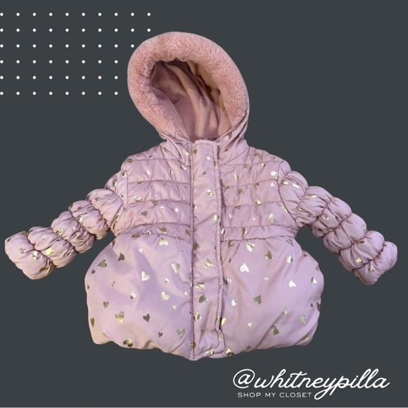 Tahari Other - Tahari baby girls Jacket Pink & gold hearts Puffer Coat with Hood size 12 months